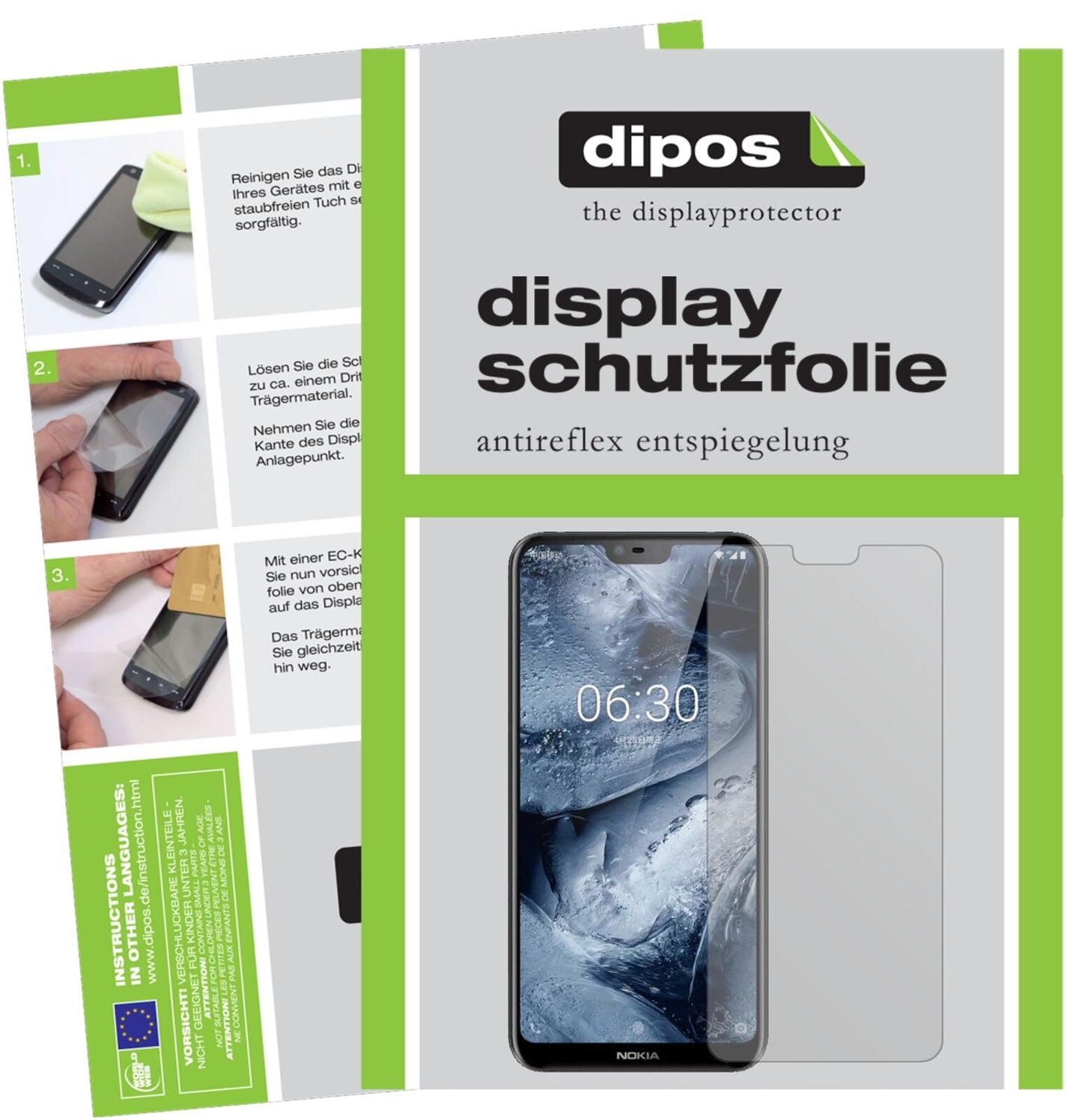 NokiaX6 2018 TA1099 mit aufgebrachter dipos Displayschutzfolie, die lästige Fingerabdrücke minimiert