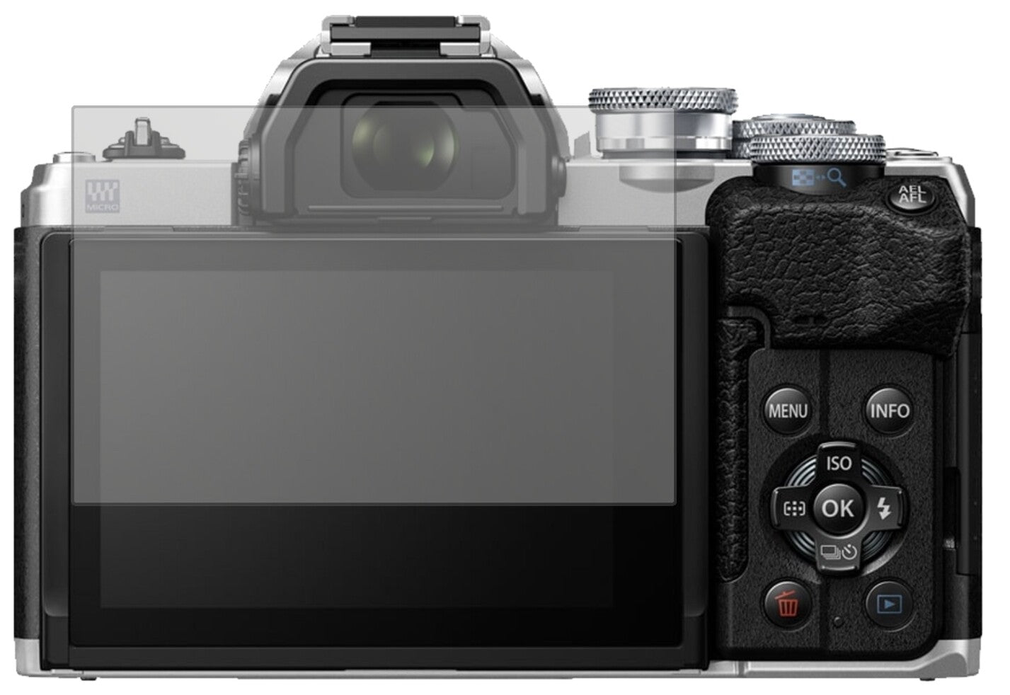 OlympusOM-D E-M10 Mark IV mit aufgebrachter dipos Displayschutzfolie, die lästige Fingerabdrücke minimiert
