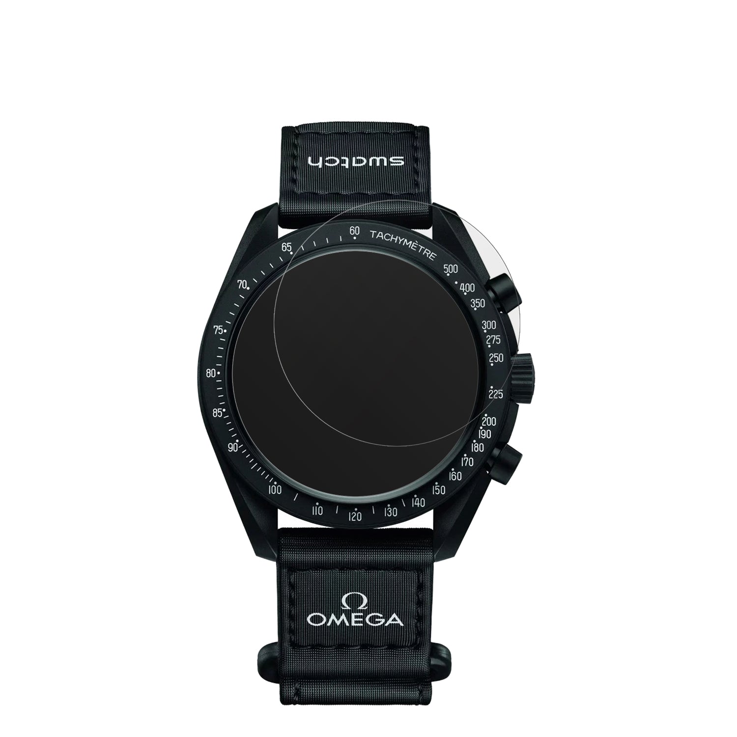 Omega x SwatchSpeedmaster Moonswatch mit aufgebrachter dipos Displayschutzfolie, die lästige Fingerabdrücke minimiert