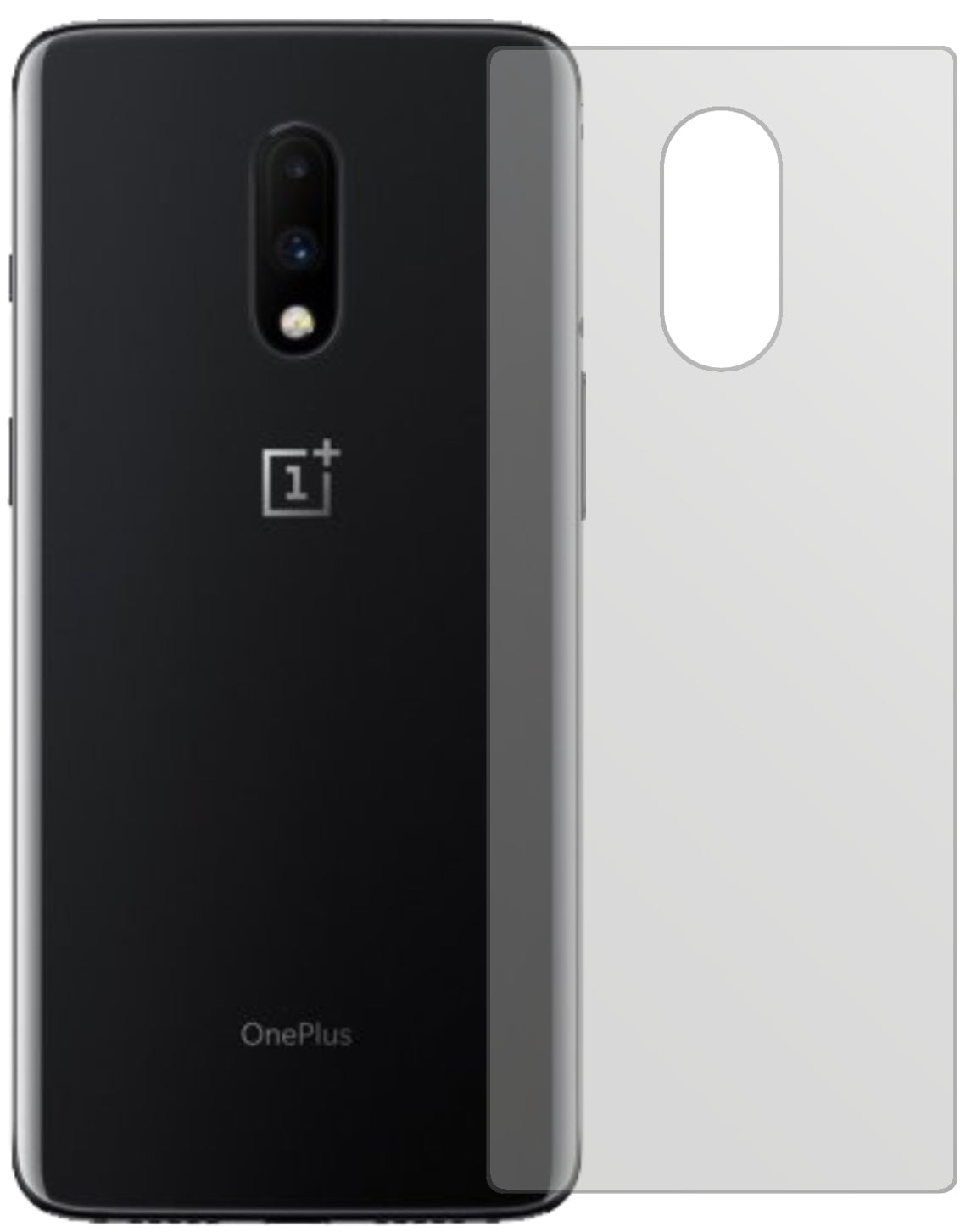 OnePlus7 Rückseite mit aufgebrachter dipos Displayschutzfolie, die lästige Fingerabdrücke minimiert