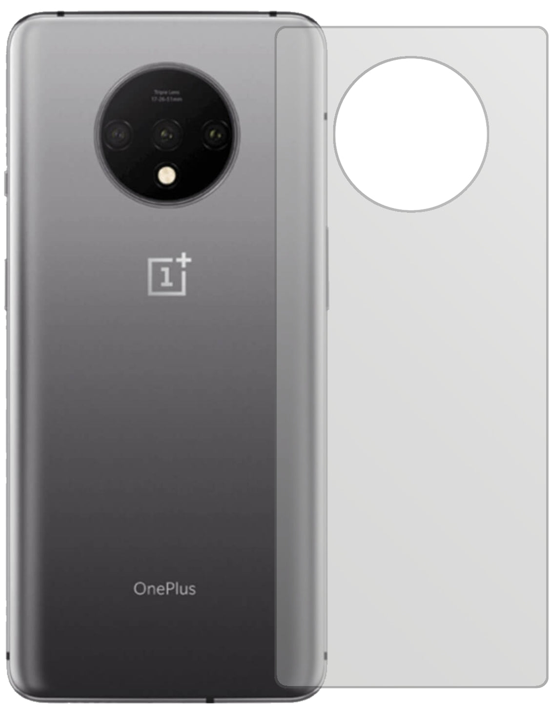 OnePlus7T Rückseite mit aufgebrachter dipos Displayschutzfolie, die lästige Fingerabdrücke minimiert