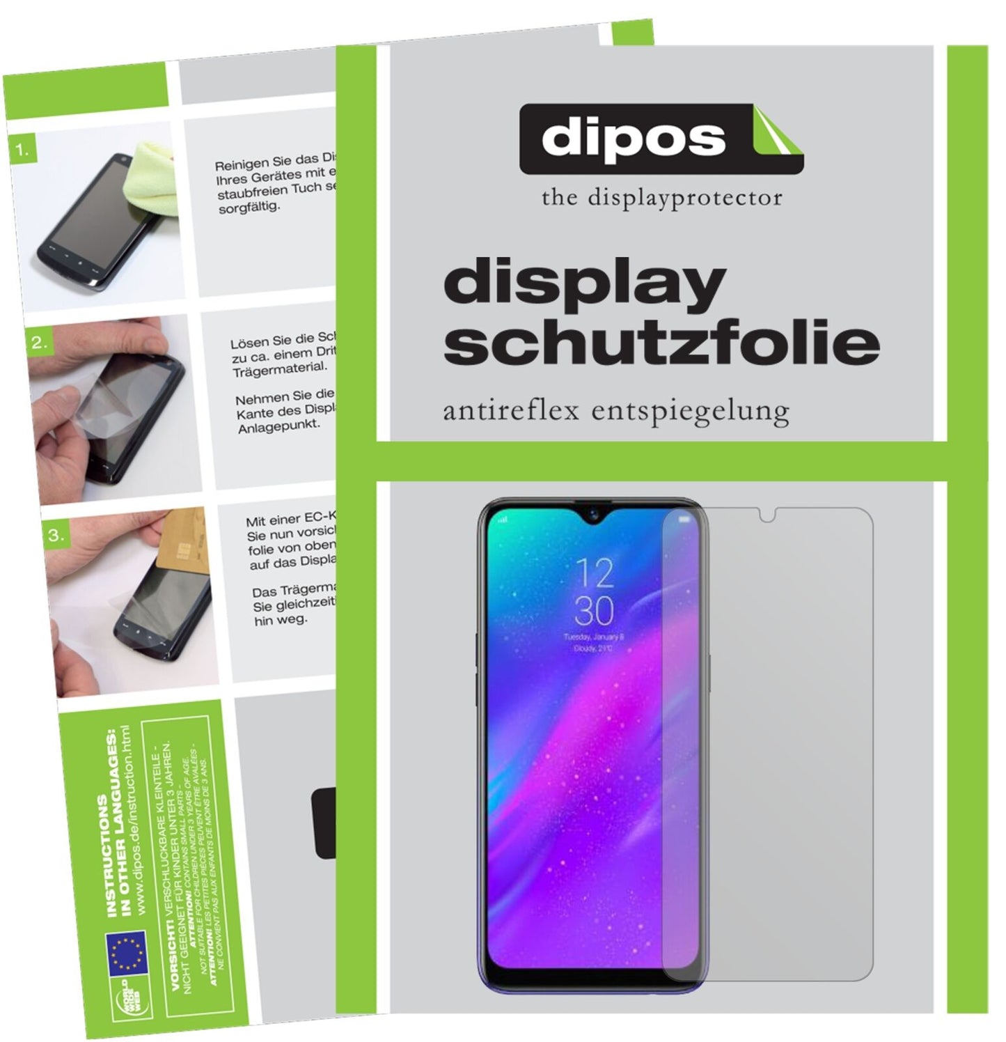 OppoRealme 3 Pro mit aufgebrachter dipos Displayschutzfolie, die lästige Fingerabdrücke minimiert