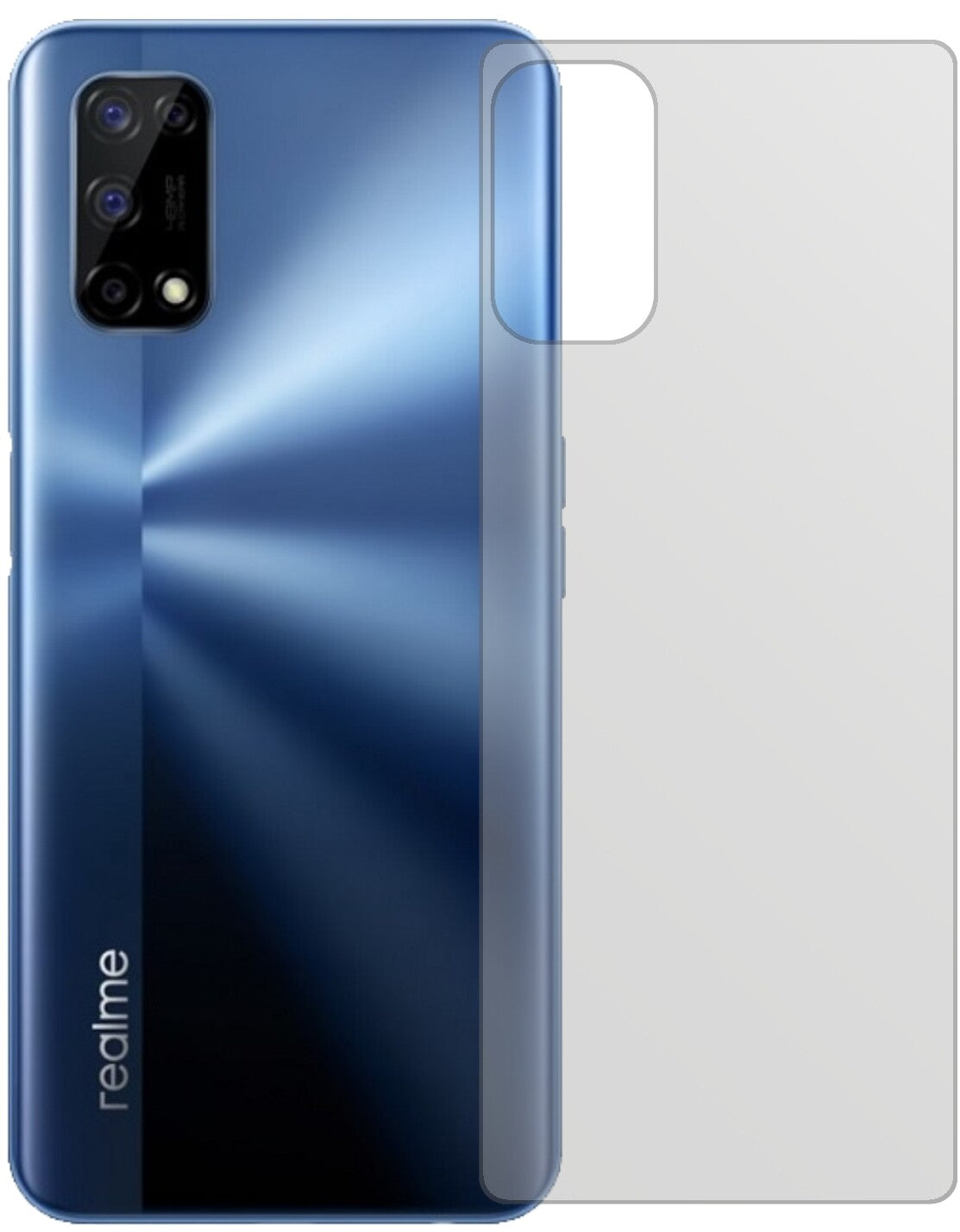 OppoRealme V5 5G Rückseite mit aufgebrachter dipos Displayschutzfolie, die lästige Fingerabdrücke minimiert
