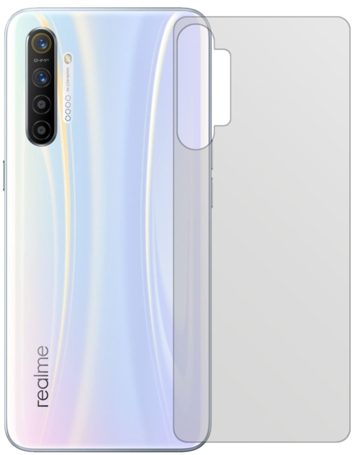 OppoRealme X2 Rückseite mit aufgebrachter dipos Displayschutzfolie, die lästige Fingerabdrücke minimiert
