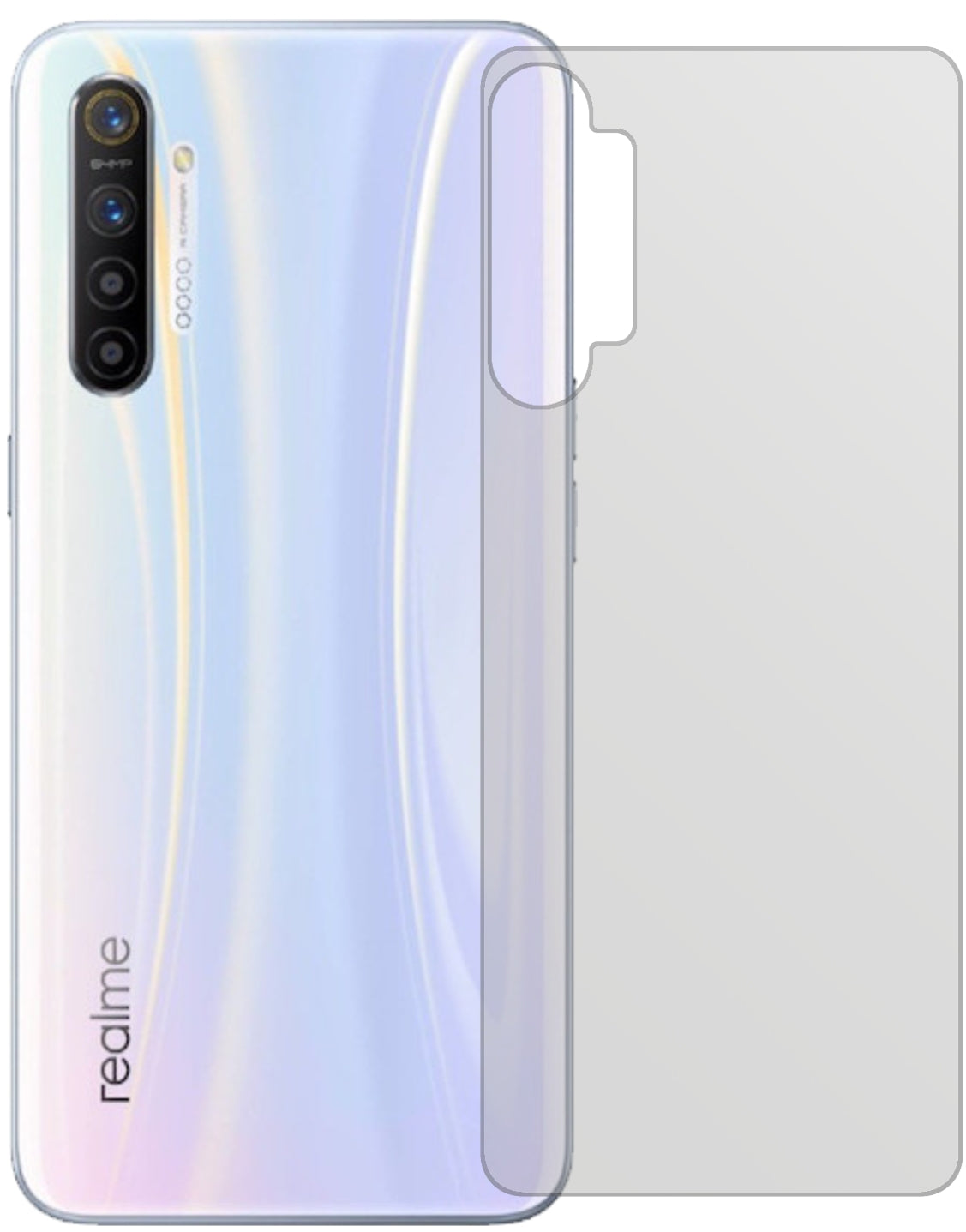 OppoRealme XT Rückseite mit aufgebrachter dipos Displayschutzfolie, die lästige Fingerabdrücke minimiert