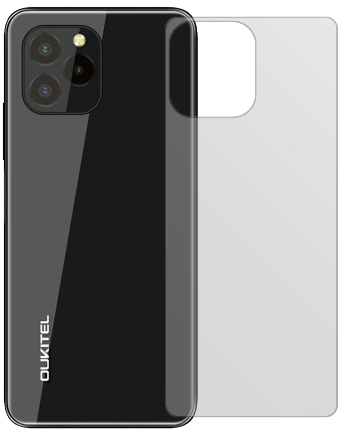 OukitelC21 Pro Rückseite mit aufgebrachter dipos Displayschutzfolie, die lästige Fingerabdrücke minimiert