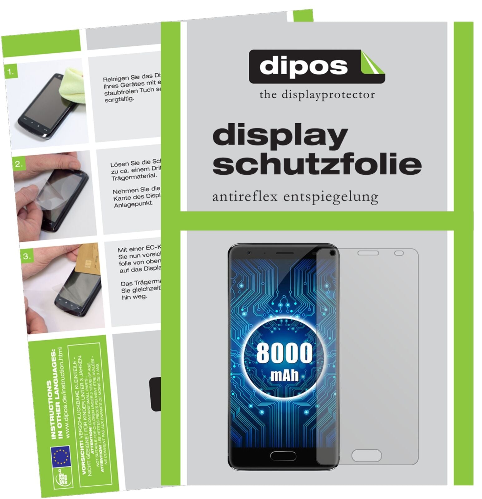 OukitelK8000 mit aufgebrachter dipos Displayschutzfolie, die lästige Fingerabdrücke minimiert