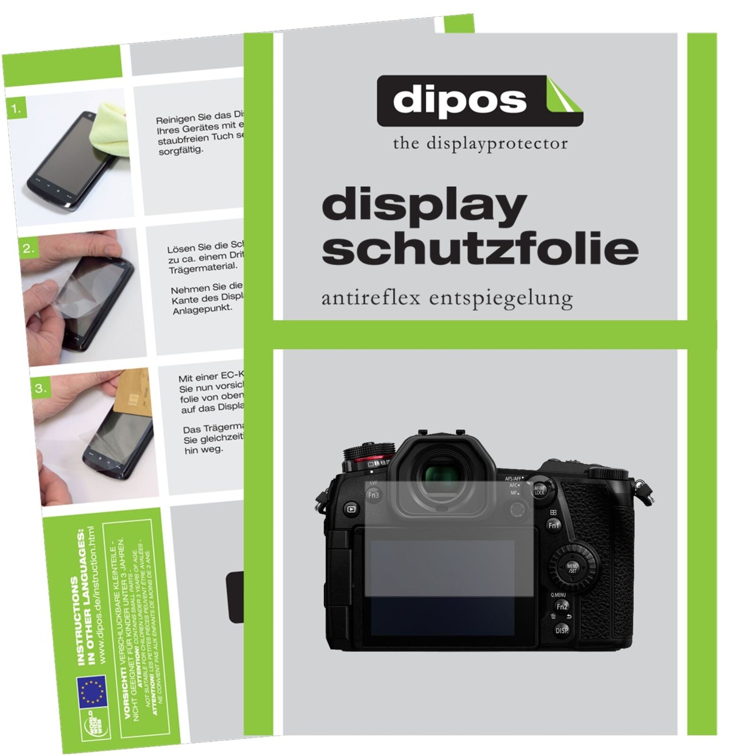 PanasonicLumix DC-G9 mit aufgebrachter dipos Displayschutzfolie, die lästige Fingerabdrücke minimiert