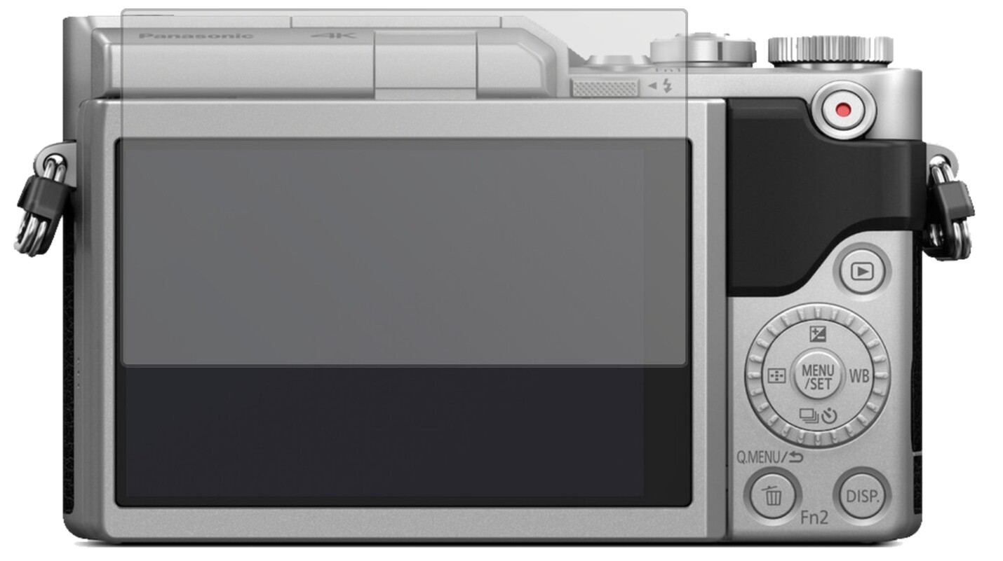 PanasonicLumix DC-GX880 mit aufgebrachter dipos Displayschutzfolie, die lästige Fingerabdrücke minimiert