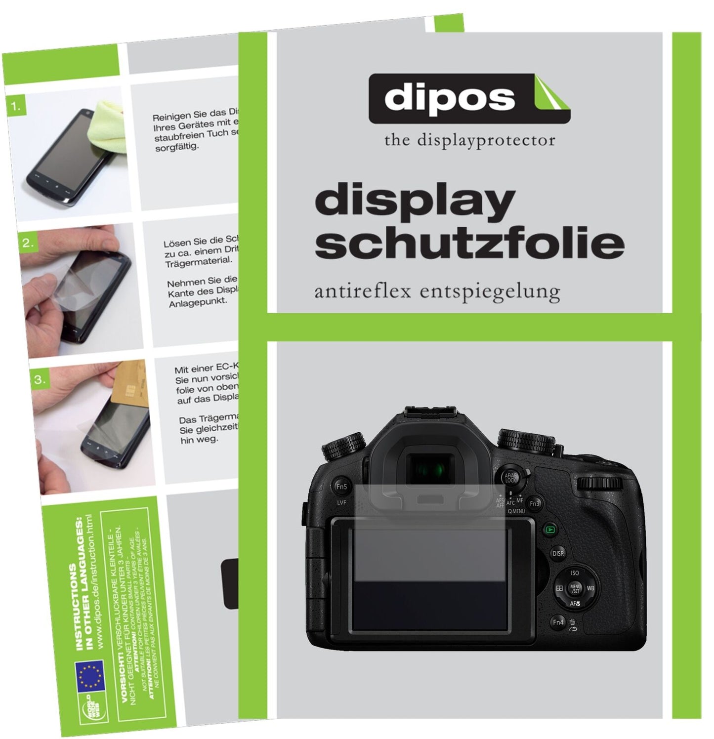 PanasonicLUMIX DMC-FZ1000EG mit aufgebrachter dipos Displayschutzfolie, die lästige Fingerabdrücke minimiert