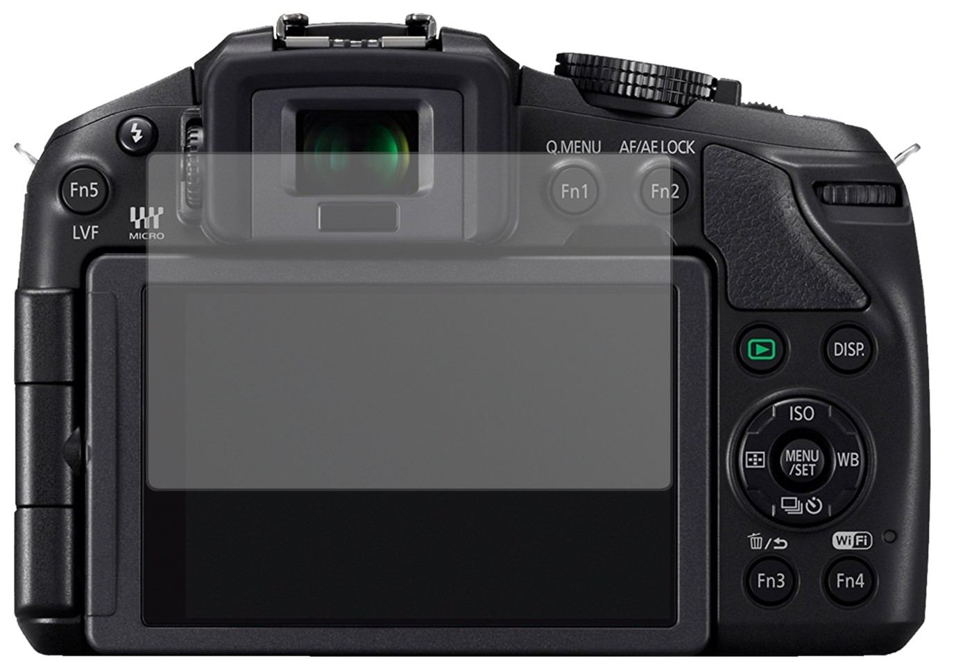 PanasonicLumix DMC-G5KEG-K mit aufgebrachter dipos Displayschutzfolie, die lästige Fingerabdrücke minimiert