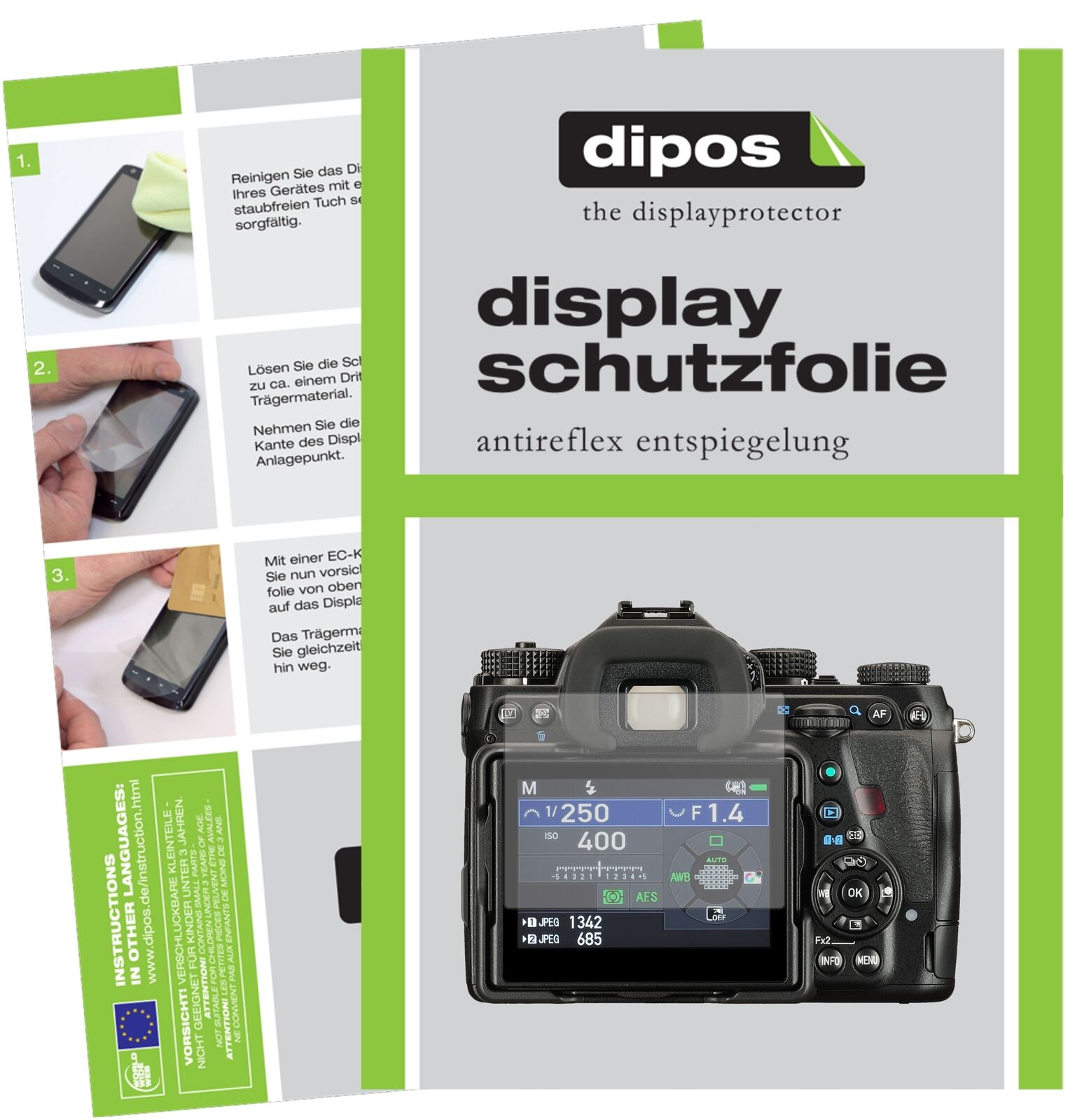 PentaxK-1 Mark II mit aufgebrachter dipos Displayschutzfolie, die lästige Fingerabdrücke minimiert
