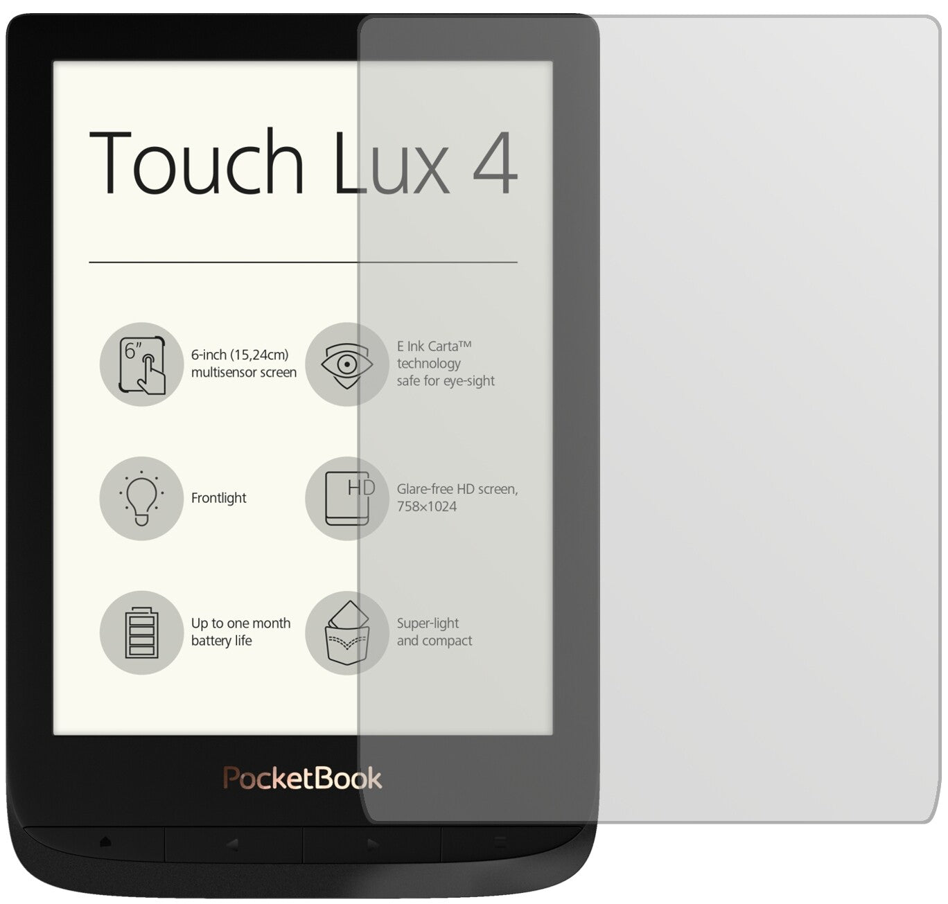 PocketBookTouch Lux 4 mit aufgebrachter dipos Displayschutzfolie, die lästige Fingerabdrücke minimiert
