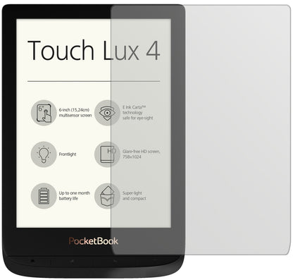 PocketBookTouch Lux 4 mit aufgebrachter dipos Displayschutzfolie, die lästige Fingerabdrücke minimiert