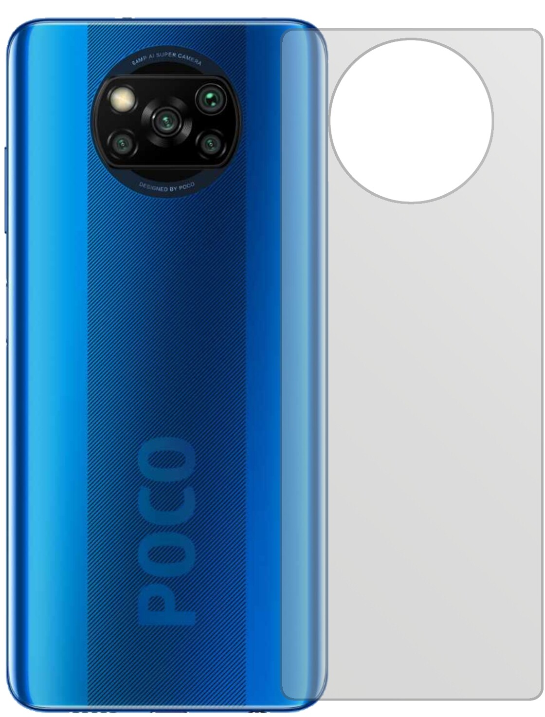 PocoX3 NFC Rückseite mit aufgebrachter dipos Displayschutzfolie, die lästige Fingerabdrücke minimiert