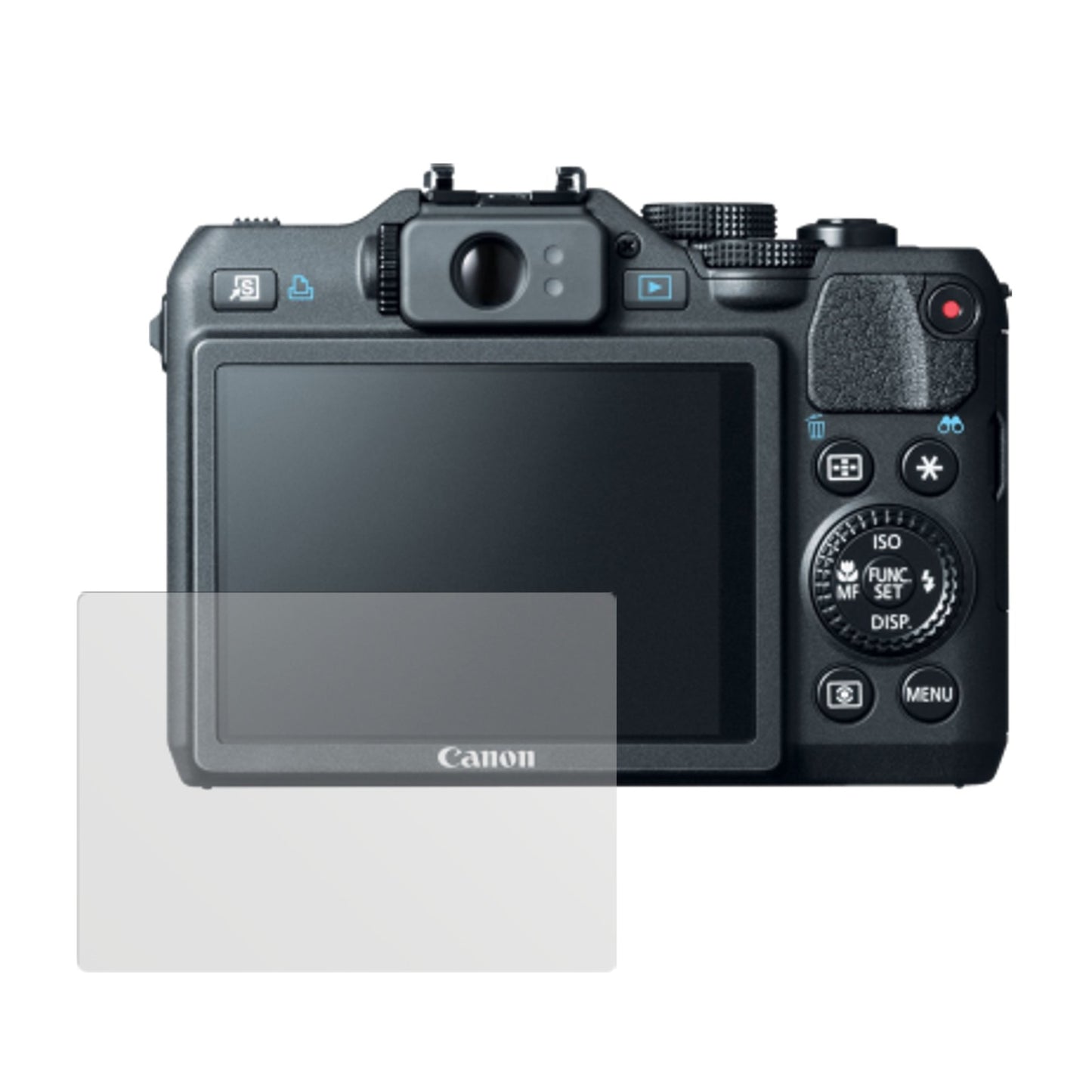 Powershot G15Canon mit aufgebrachter dipos Displayschutzfolie, die lästige Fingerabdrücke minimiert