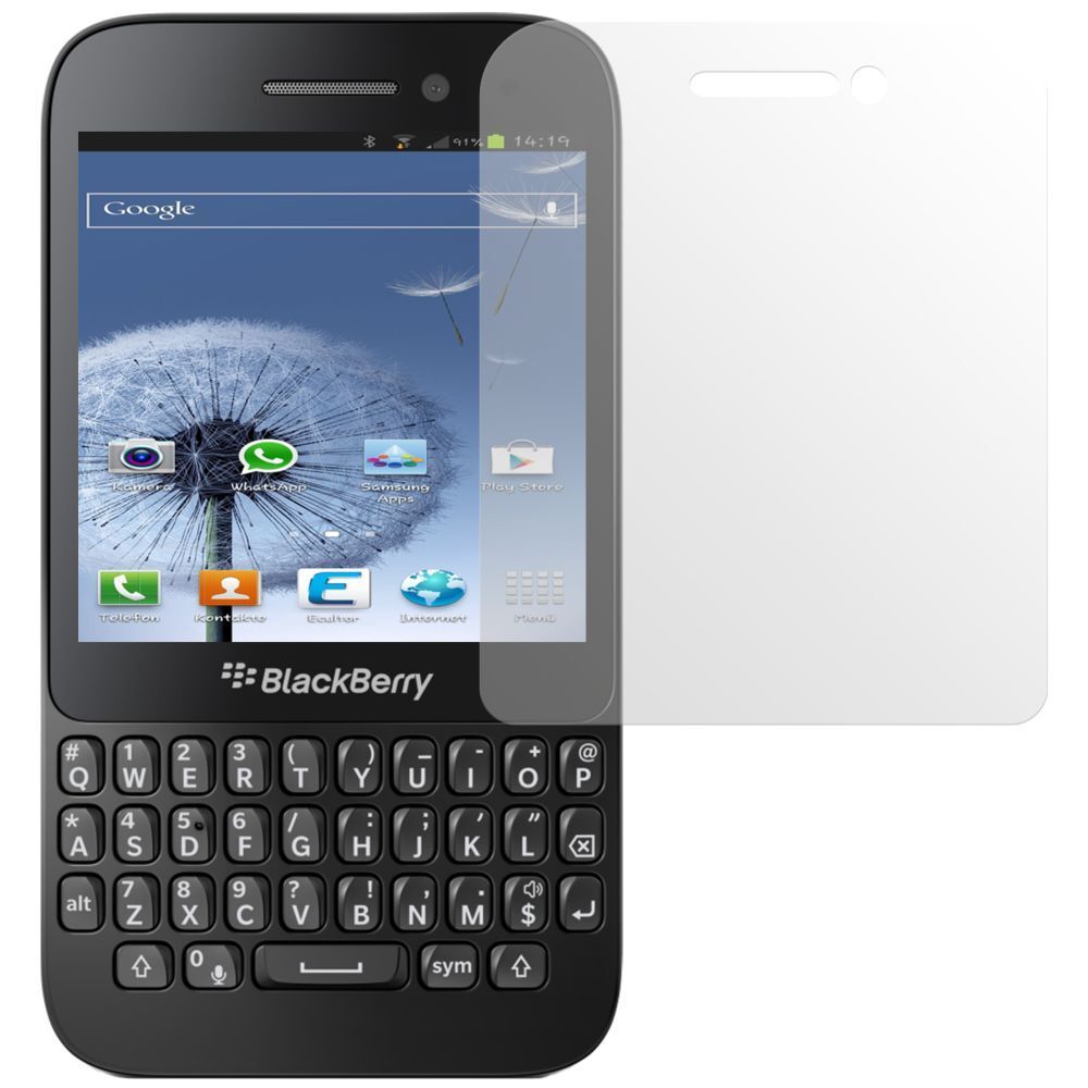 Q5Blackberry mit aufgebrachter dipos Displayschutzfolie, die lästige Fingerabdrücke minimiert