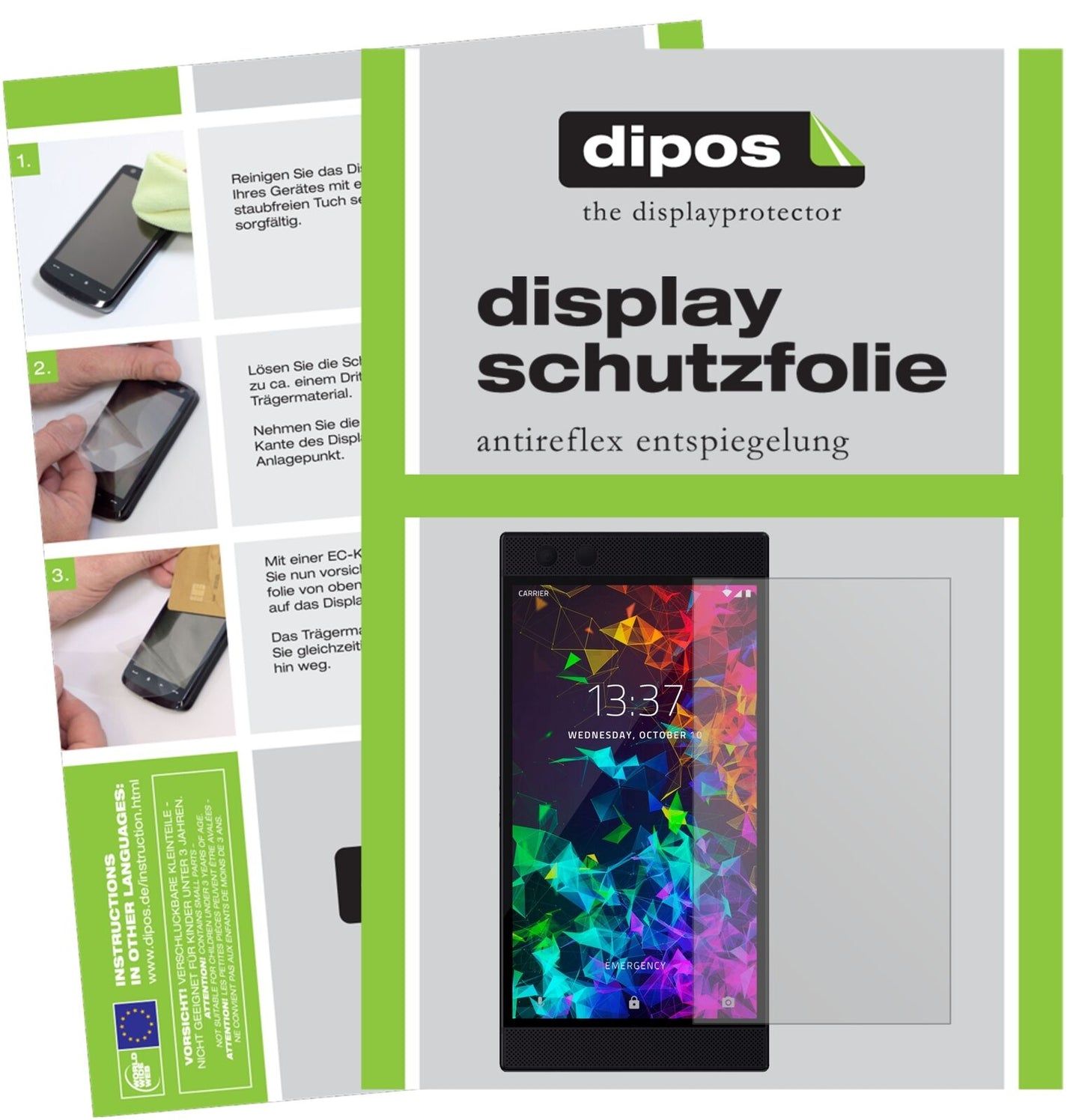 RazerPhone 2 mit aufgebrachter dipos Displayschutzfolie, die lästige Fingerabdrücke minimiert