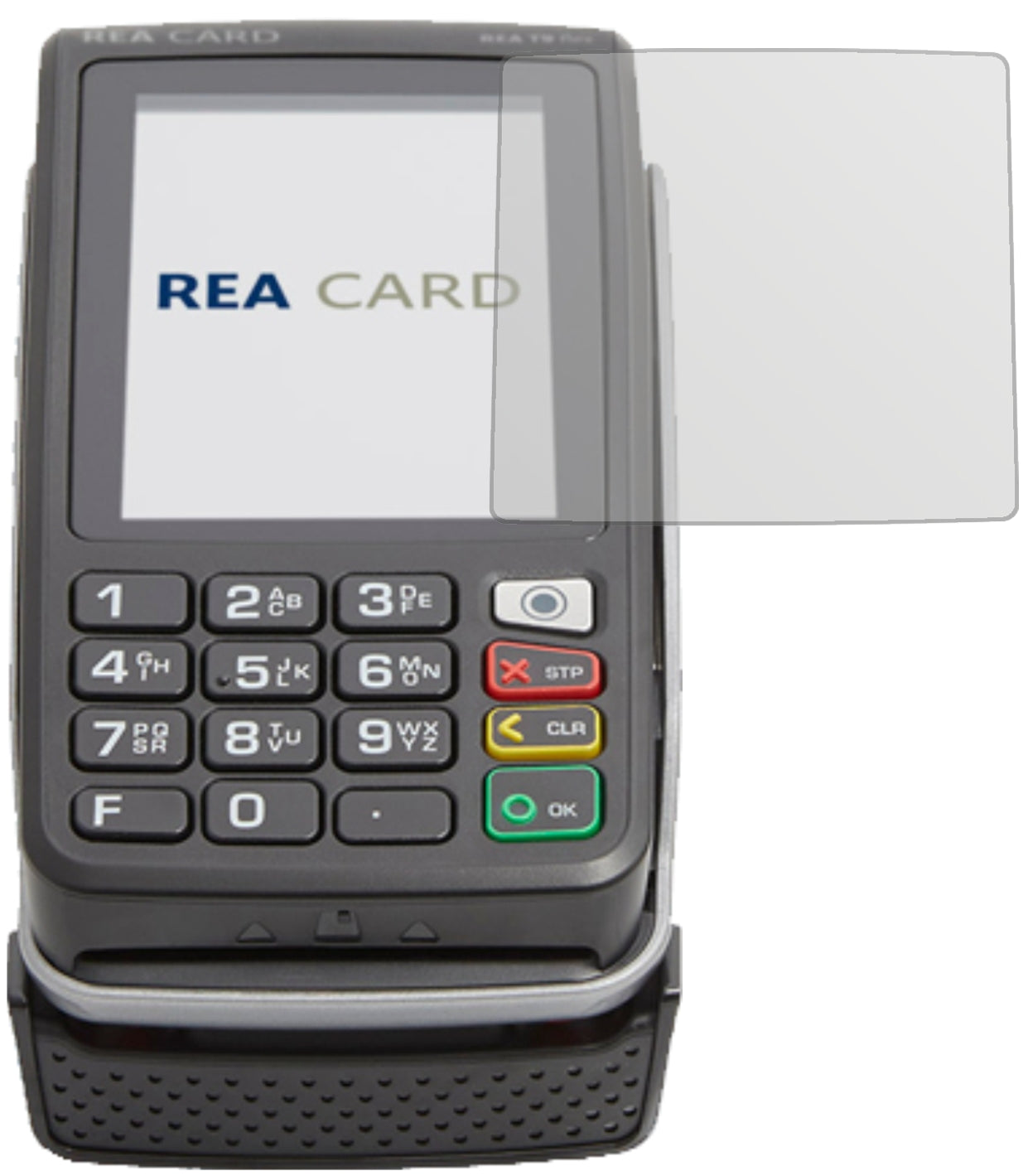 REA CARDT9 flex Terminal mit aufgebrachter dipos Displayschutzfolie, die lästige Fingerabdrücke minimiert