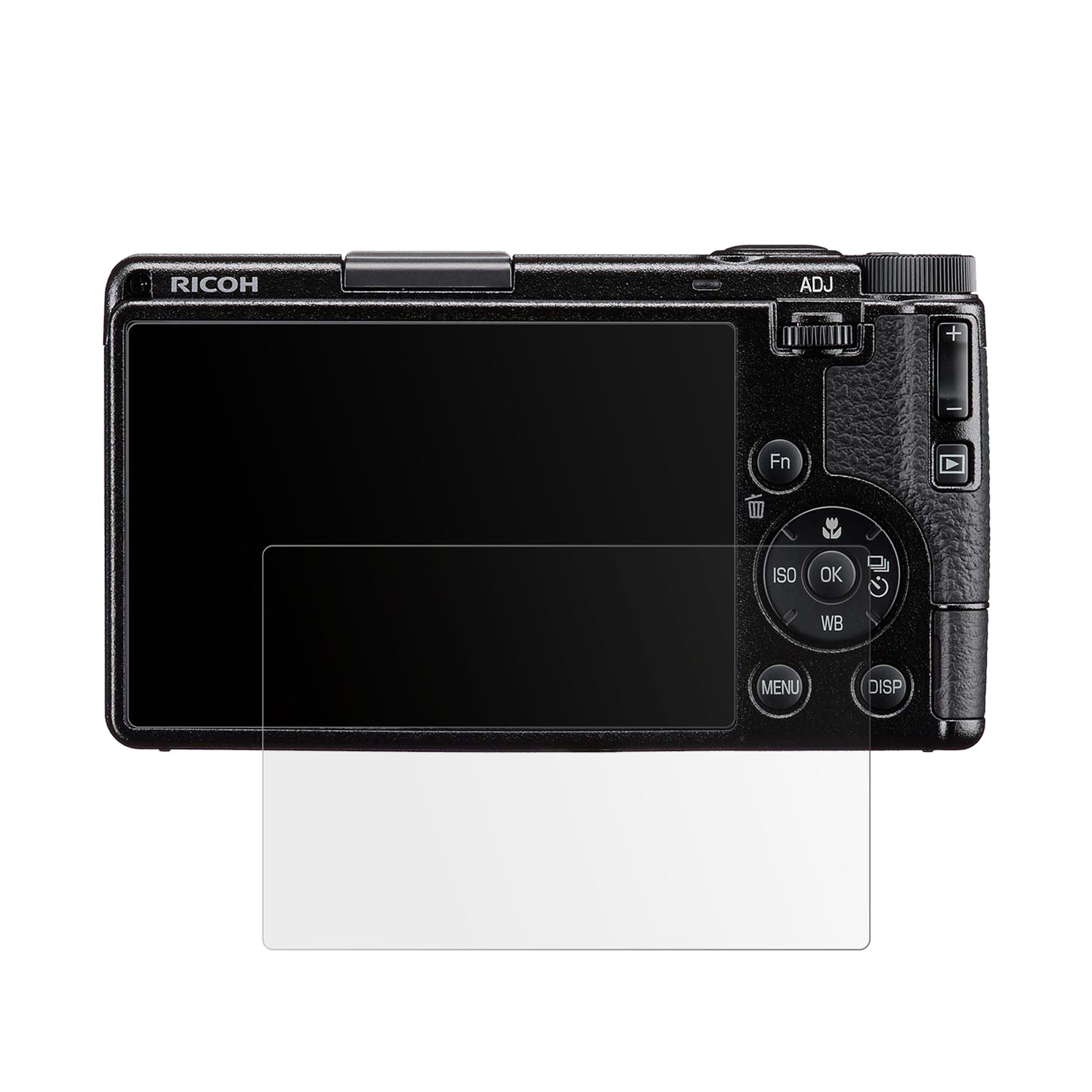 RicohGR IV mit aufgebrachter dipos Displayschutzfolie, die lästige Fingerabdrücke minimiert