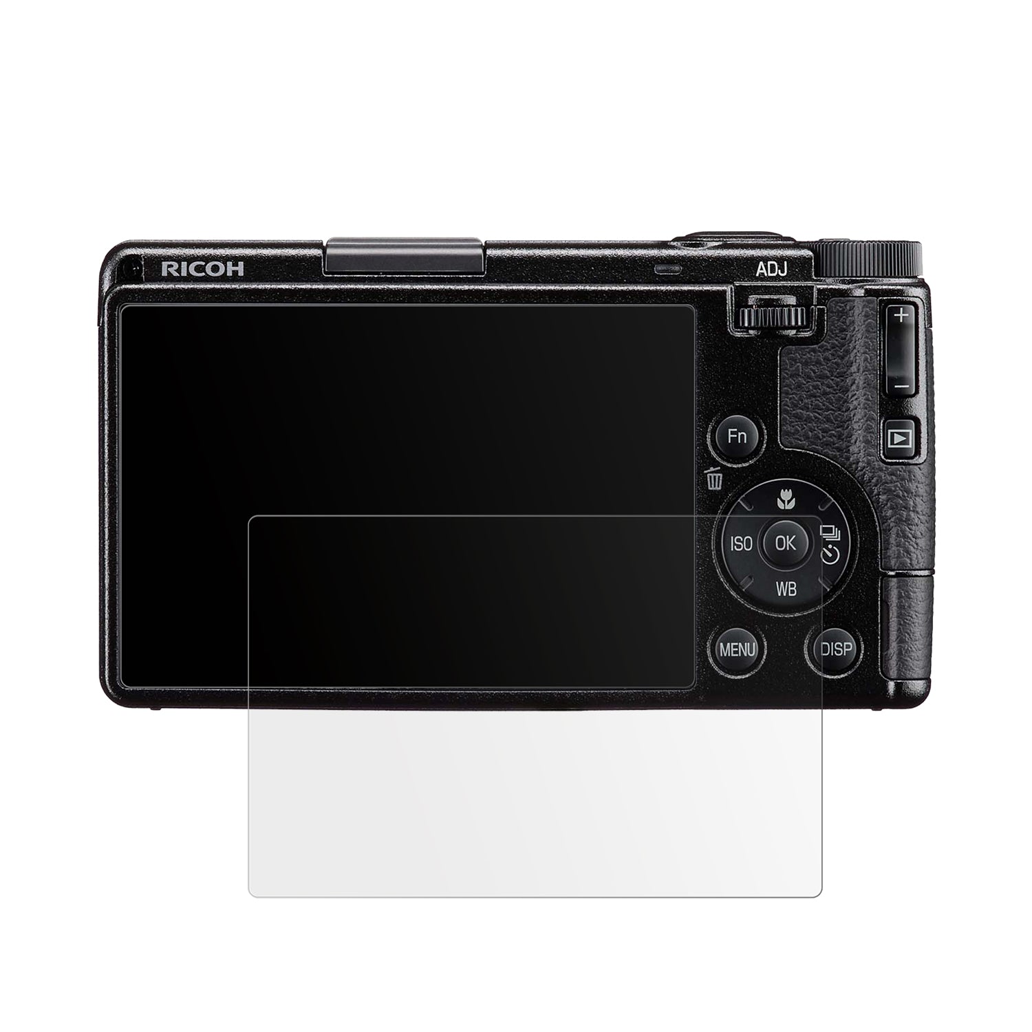 RicohGR IV mit aufgebrachter dipos Displayschutzfolie, die lästige Fingerabdrücke minimiert