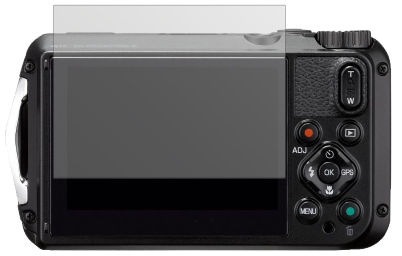 RicohWG-6 mit aufgebrachter dipos Displayschutzfolie, die lästige Fingerabdrücke minimiert