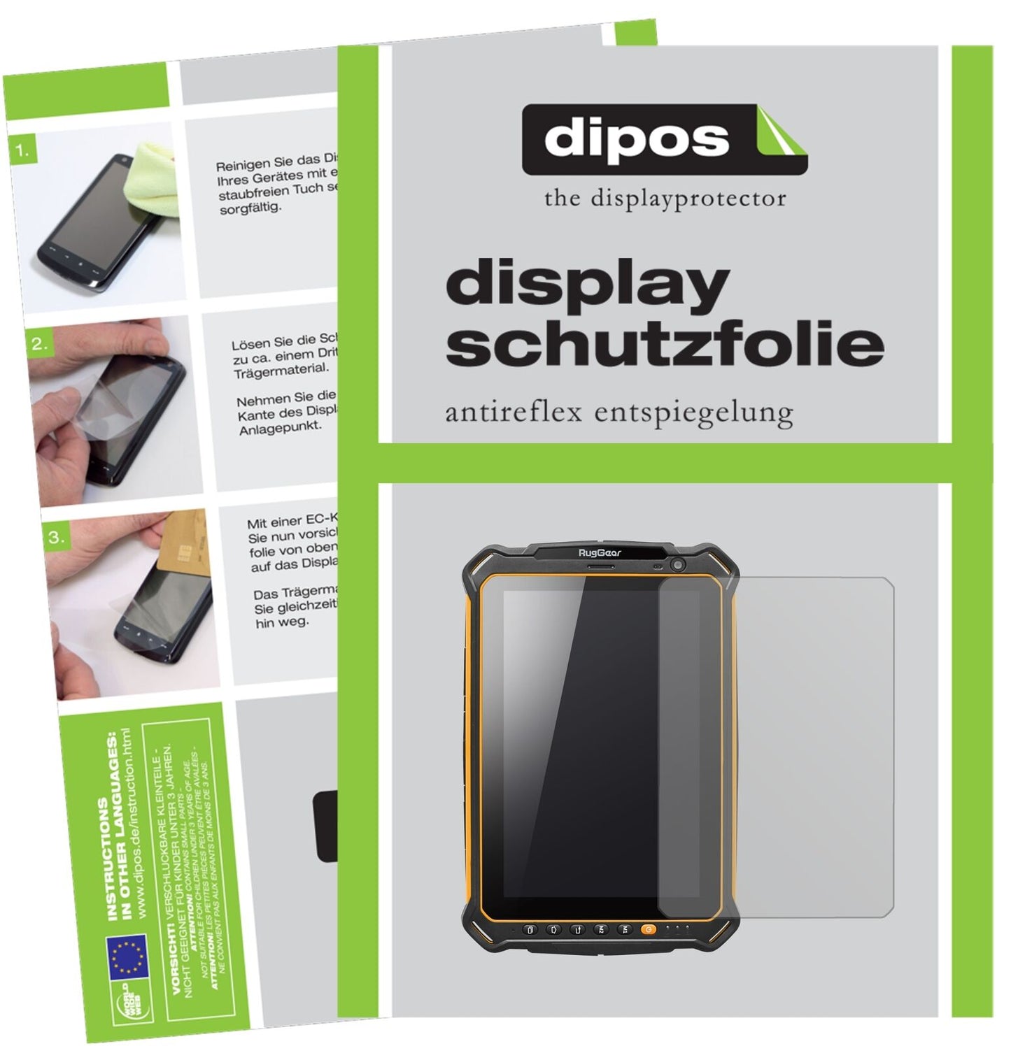 RugGearRG910 mit aufgebrachter dipos Displayschutzfolie, die lästige Fingerabdrücke minimiert