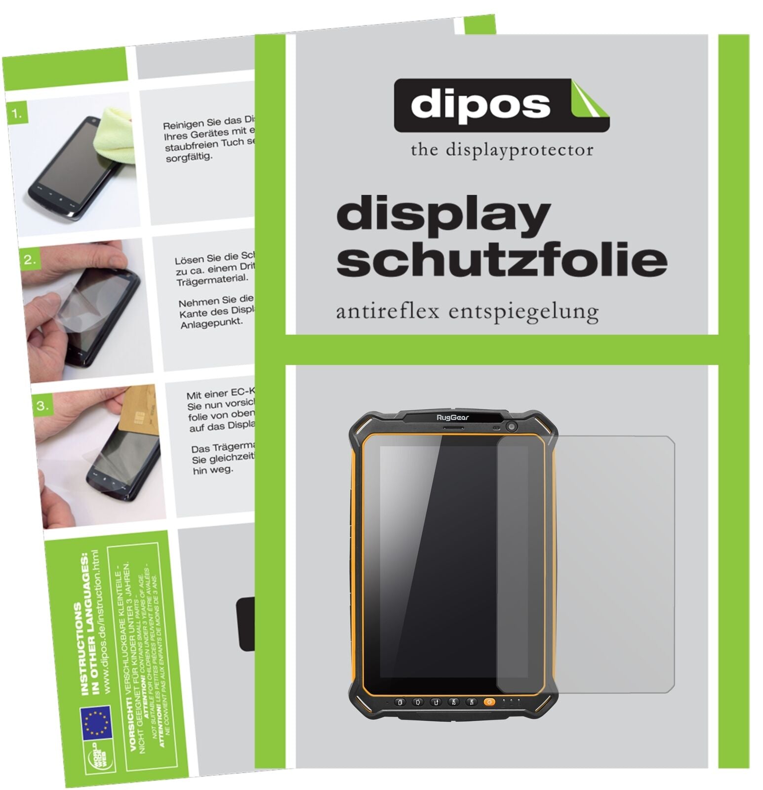 RugGearRG910 mit aufgebrachter dipos Displayschutzfolie, die lästige Fingerabdrücke minimiert