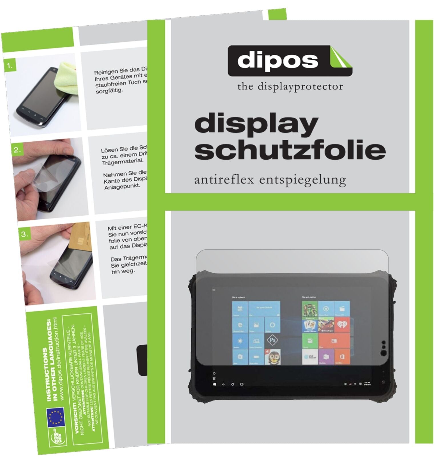 RuggedTablet ID-SQ8.0 mit aufgebrachter dipos Displayschutzfolie, die lästige Fingerabdrücke minimiert
