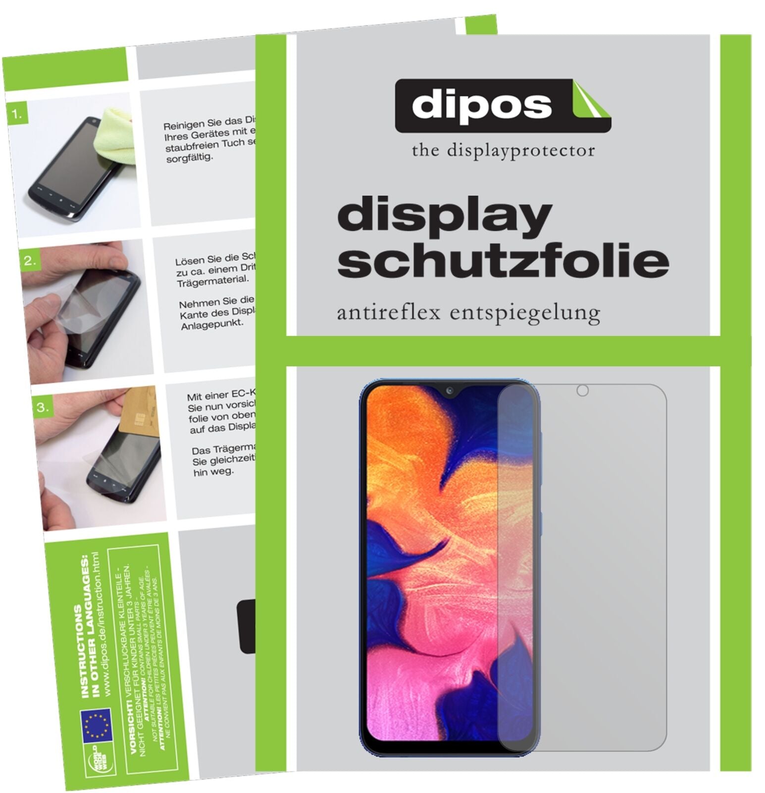 SamsungGalaxy A10 mit aufgebrachter dipos Displayschutzfolie, die lästige Fingerabdrücke minimiert