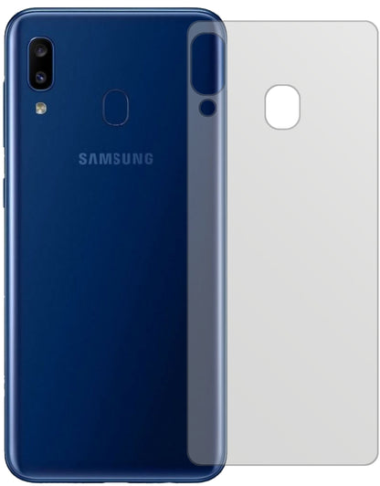 SamsungGalaxy A20 Rückseite mit aufgebrachter dipos Displayschutzfolie, die lästige Fingerabdrücke minimiert