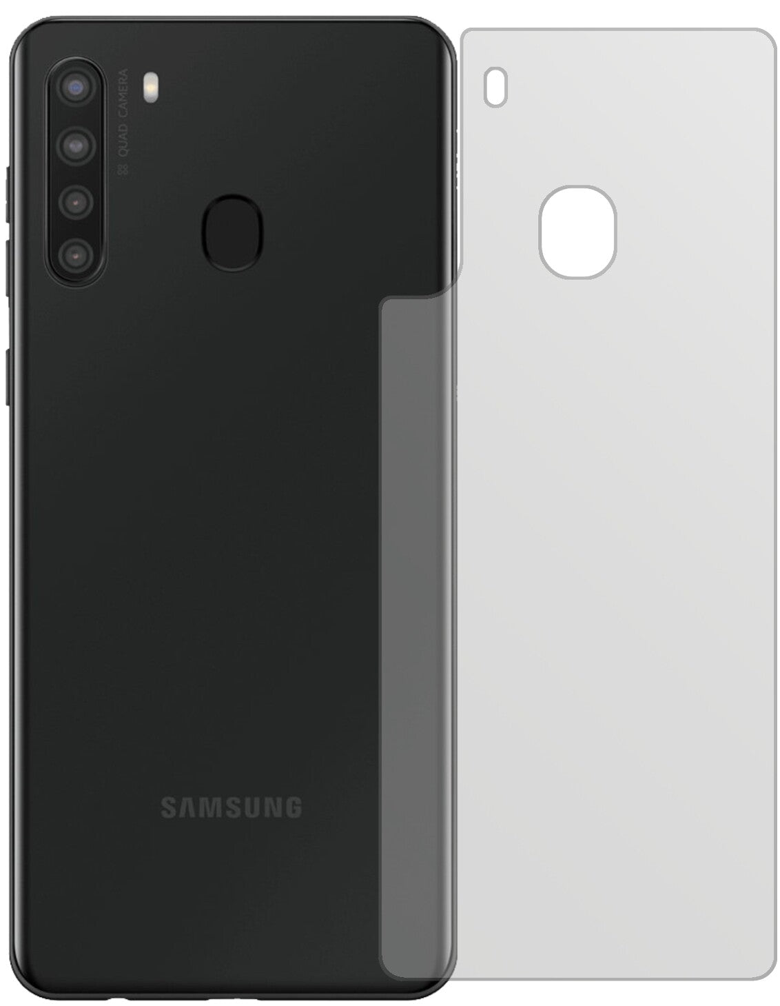 SamsungGalaxy A21 Rückseite mit aufgebrachter dipos Displayschutzfolie, die lästige Fingerabdrücke minimiert