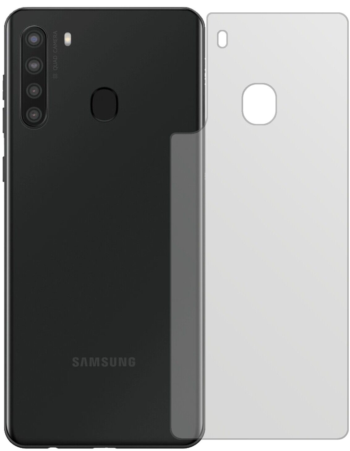 SamsungGalaxy A21 Rückseite mit aufgebrachter dipos Displayschutzfolie, die lästige Fingerabdrücke minimiert