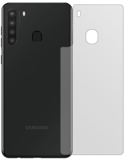 SamsungGalaxy A21 Rückseite mit aufgebrachter dipos Displayschutzfolie, die lästige Fingerabdrücke minimiert