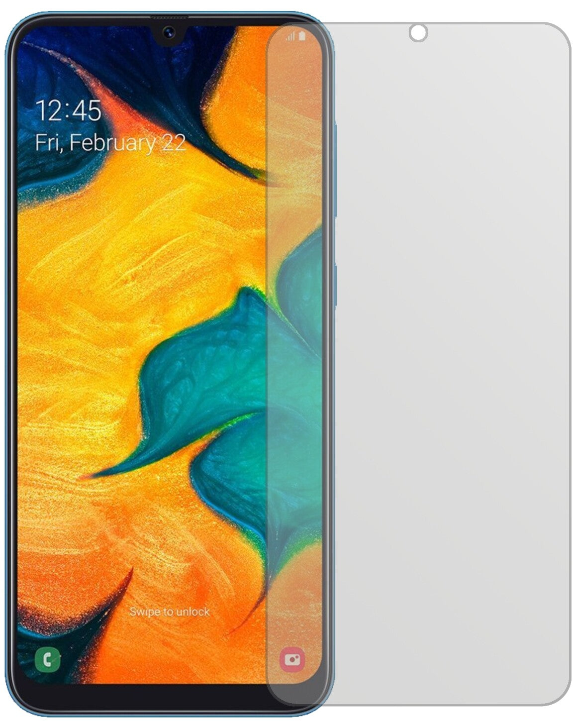 SamsungGalaxy A30 mit aufgebrachter dipos Displayschutzfolie, die lästige Fingerabdrücke minimiert