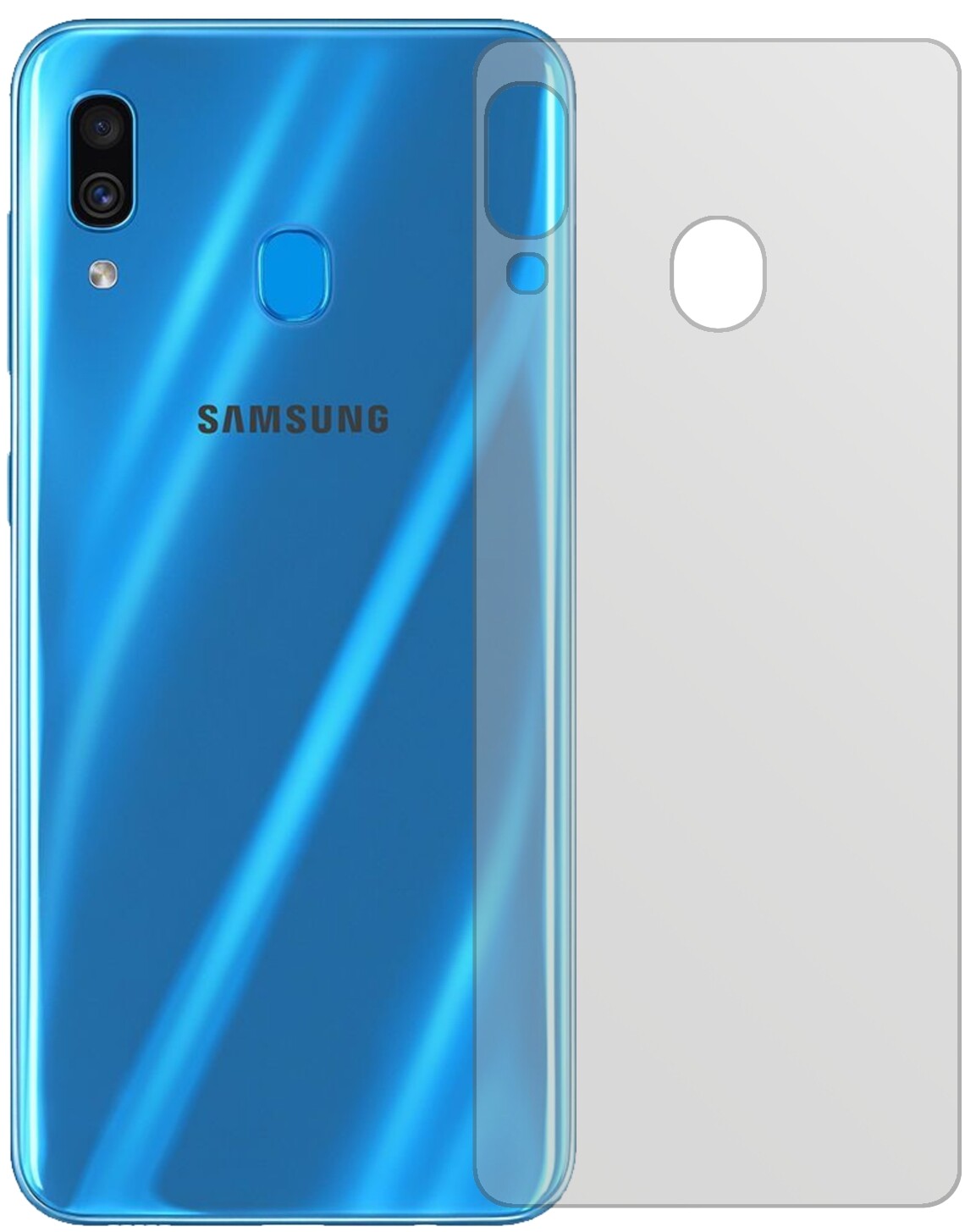 SamsungGalaxy A30 Rückseite mit aufgebrachter dipos Displayschutzfolie, die lästige Fingerabdrücke minimiert