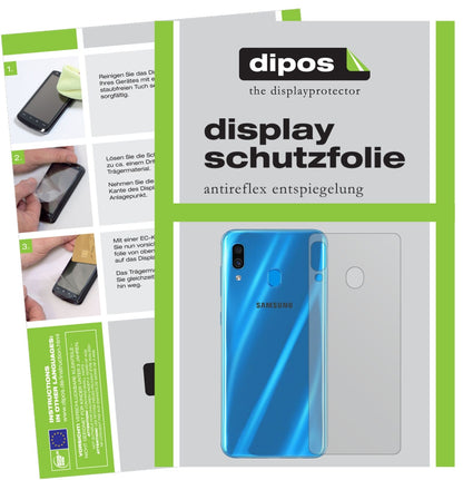SamsungGalaxy A30 Rückseite mit aufgebrachter dipos Displayschutzfolie, die lästige Fingerabdrücke minimiert