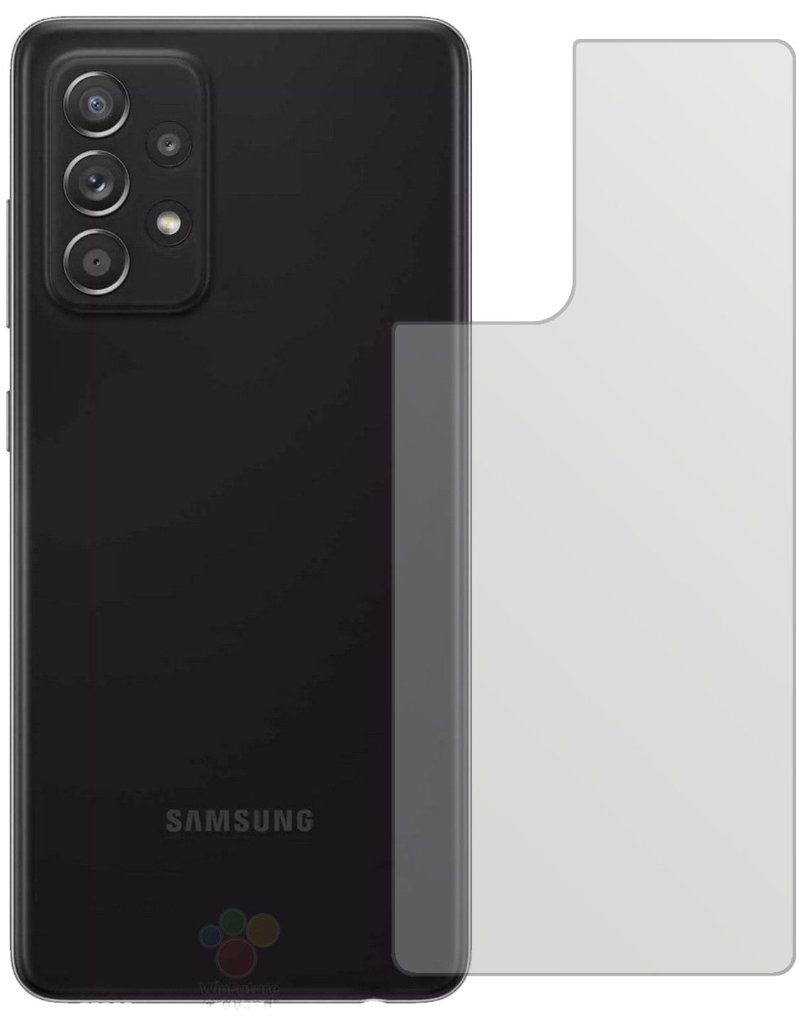 SamsungGalaxy A52s 5G Rückseite mit aufgebrachter dipos Displayschutzfolie, die lästige Fingerabdrücke minimiert