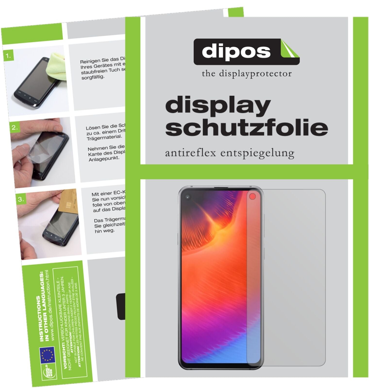 SamsungGalaxy A60 mit aufgebrachter dipos Displayschutzfolie, die lästige Fingerabdrücke minimiert