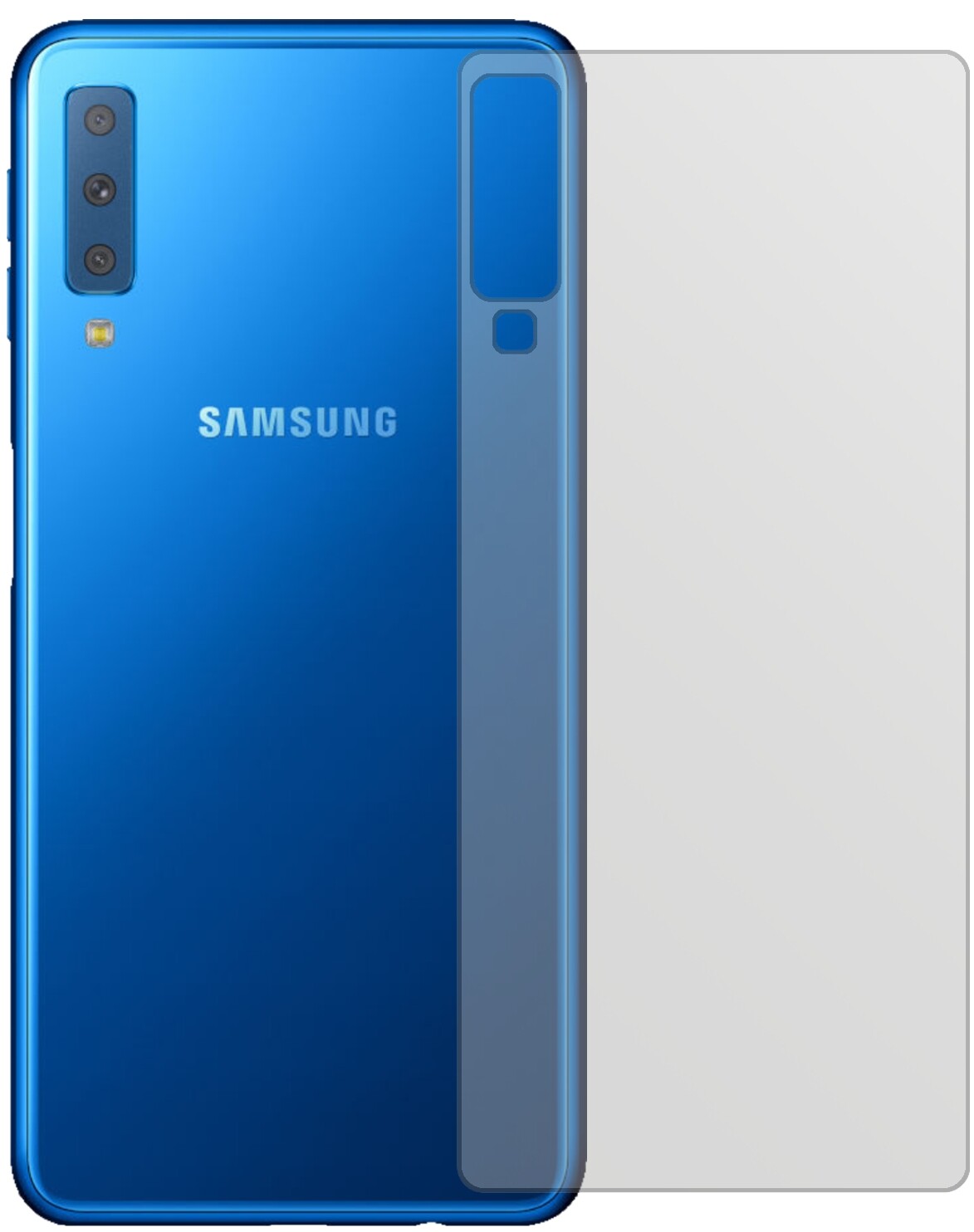 SamsungGalaxy A7 (2018) Rückseite mit aufgebrachter dipos Displayschutzfolie, die lästige Fingerabdrücke minimiert
