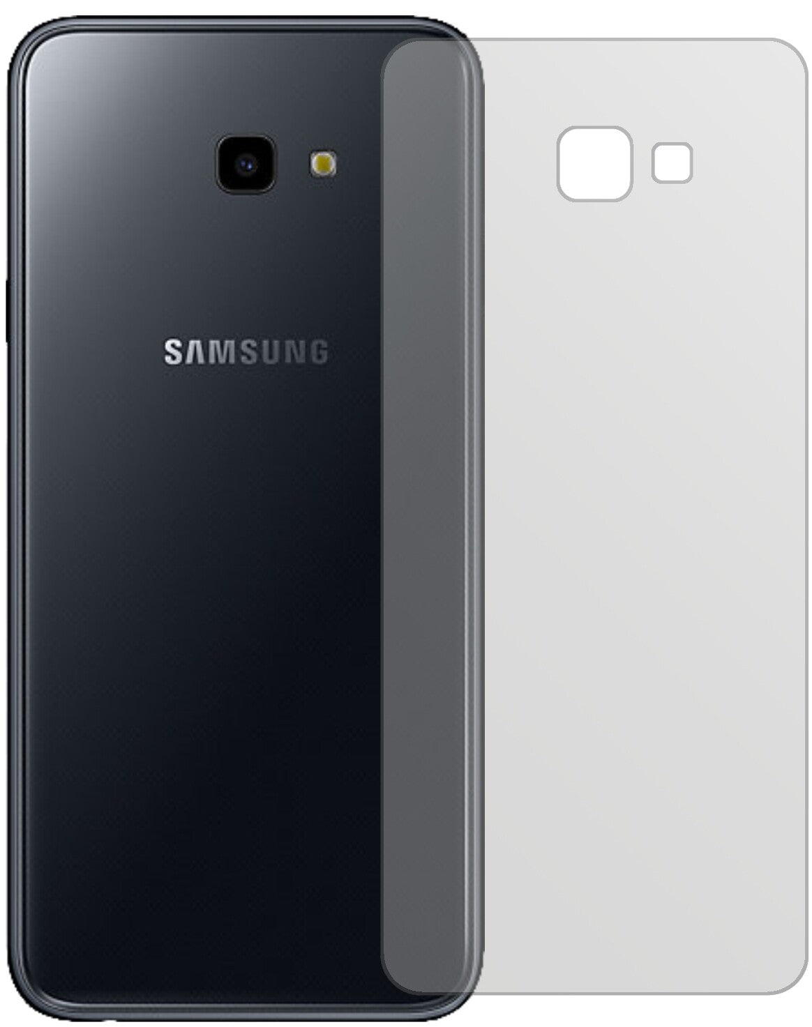 SamsungGalaxy J4 Plus (2018) Rückseite mit aufgebrachter dipos Displayschutzfolie, die lästige Fingerabdrücke minimiert