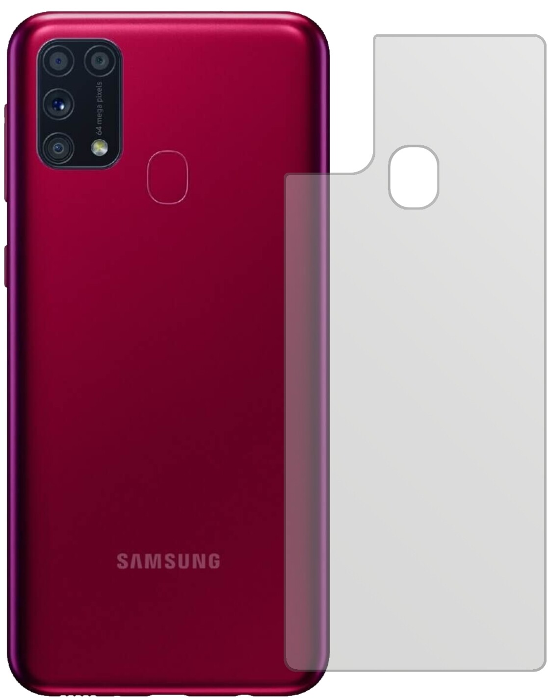 SamsungGalaxy M31s Rückseite mit aufgebrachter dipos Displayschutzfolie, die lästige Fingerabdrücke minimiert