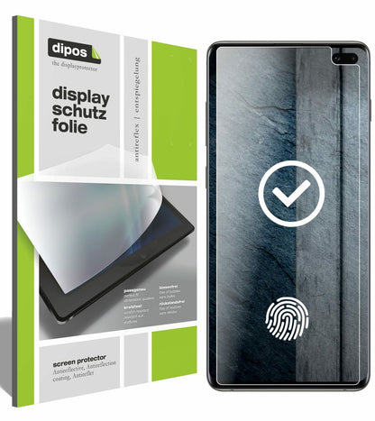 SamsungGalaxy S10 Plus mit aufgebrachter dipos Displayschutzfolie, die lästige Fingerabdrücke minimiert