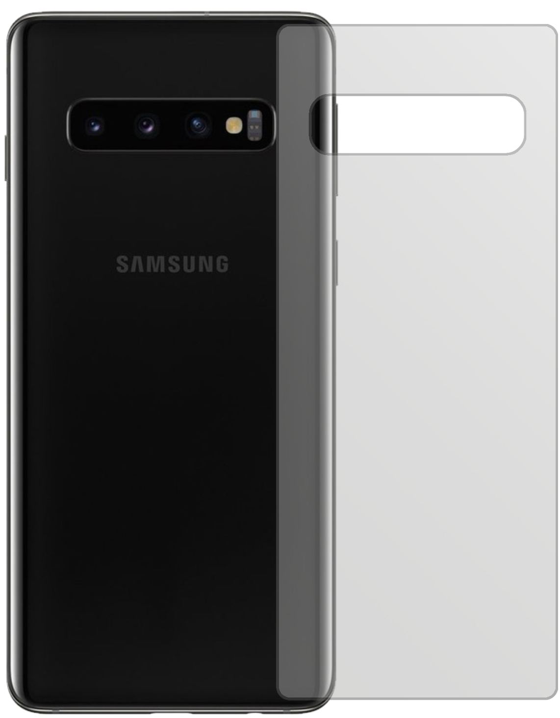 SamsungGalaxy S10 Rückseite mit aufgebrachter dipos Displayschutzfolie, die lästige Fingerabdrücke minimiert