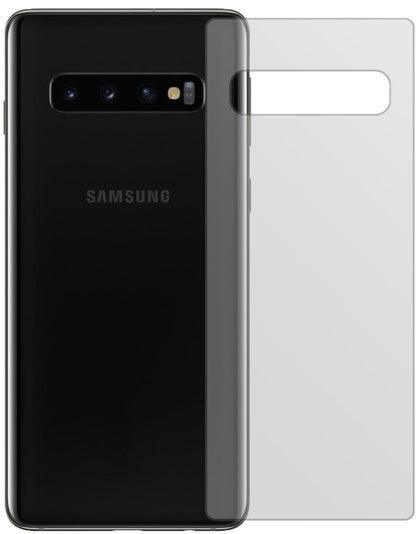 SamsungGalaxy S10 Rückseite mit aufgebrachter dipos Displayschutzfolie, die lästige Fingerabdrücke minimiert