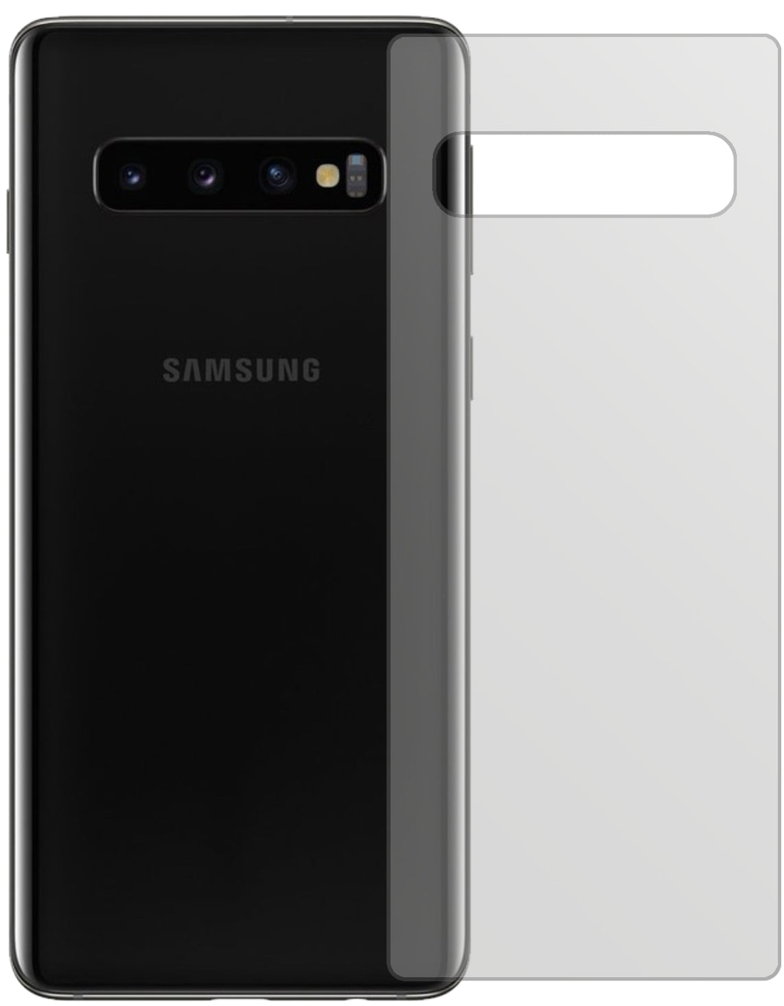 SamsungGalaxy S10 Plus Rückseite mit aufgebrachter dipos Displayschutzfolie, die lästige Fingerabdrücke minimiert