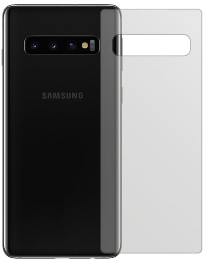 SamsungGalaxy S10 Plus Rückseite mit aufgebrachter dipos Displayschutzfolie, die lästige Fingerabdrücke minimiert