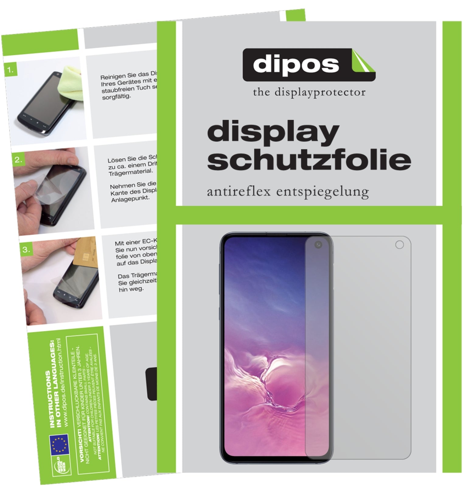SamsungGalaxy S10e mit aufgebrachter dipos Displayschutzfolie, die lästige Fingerabdrücke minimiert