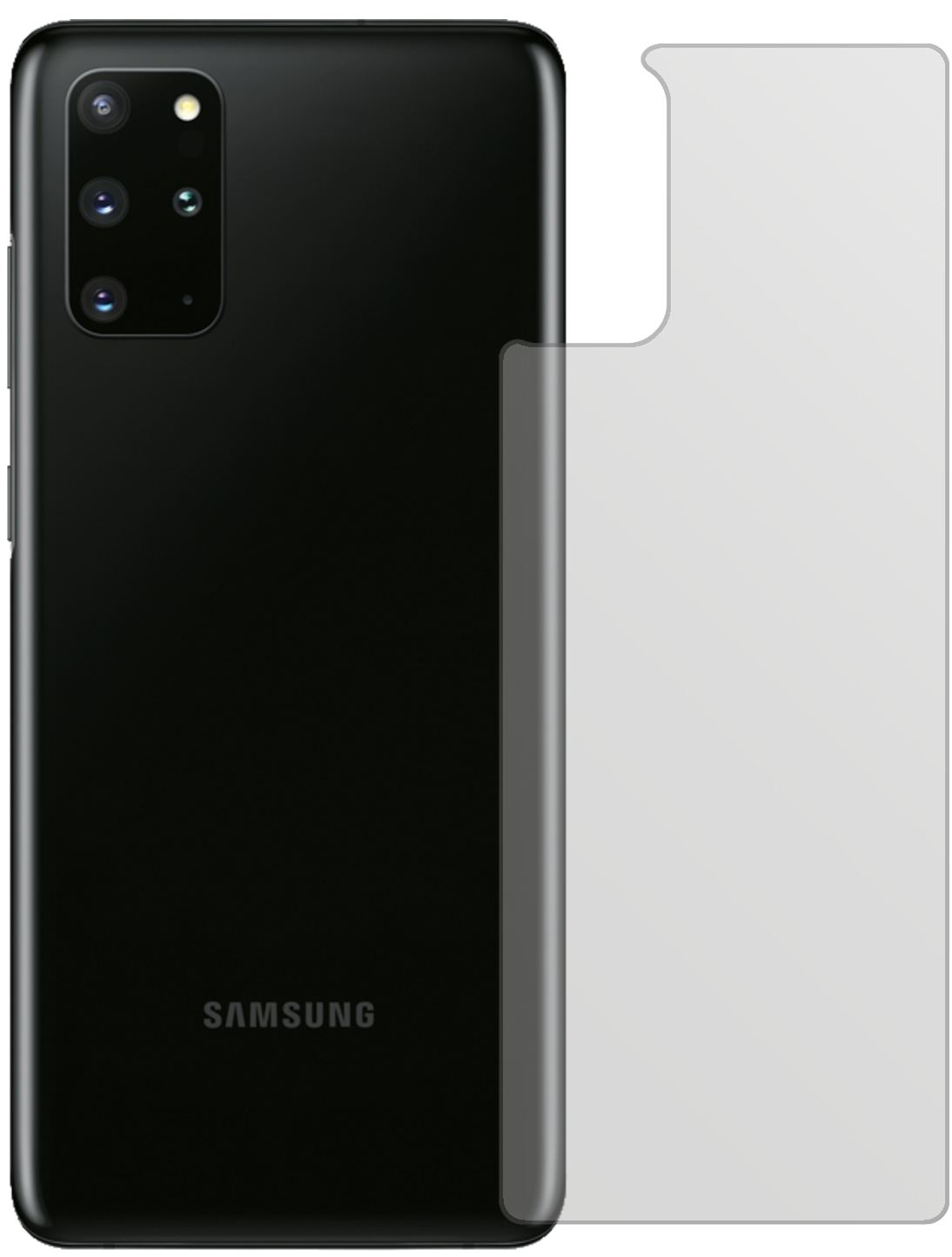 SamsungGalaxy S20 Plus Rückseite mit aufgebrachter dipos Displayschutzfolie, die lästige Fingerabdrücke minimiert