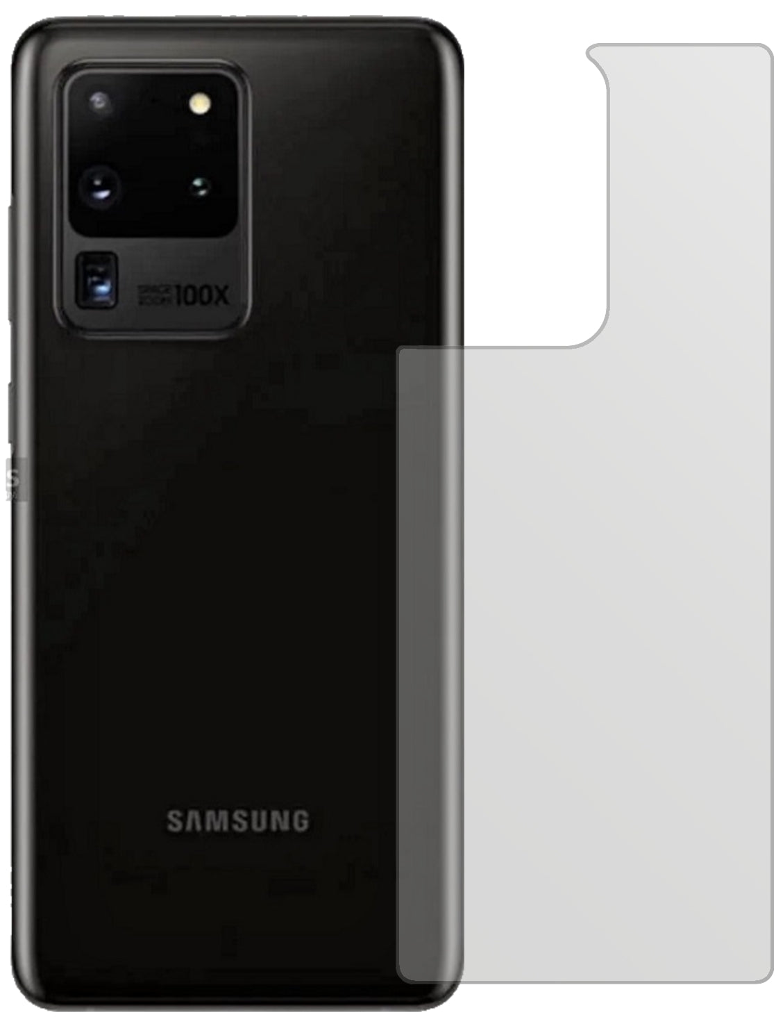SamsungGalaxy S20 Ultra Rückseite mit aufgebrachter dipos Displayschutzfolie, die lästige Fingerabdrücke minimiert
